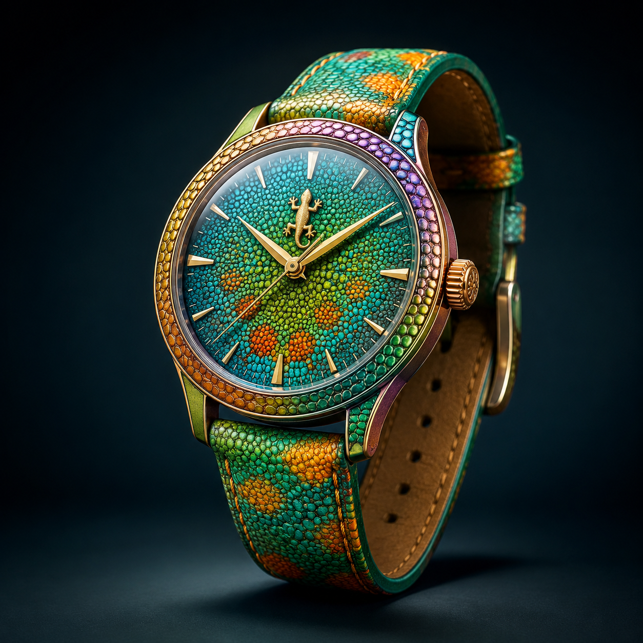 Luxuriöse farbenfrohe Gecko-inspirierte Designer-Uhr